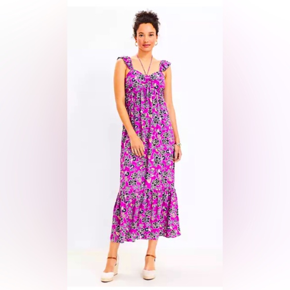 Loft Floral Midi Ruffle, Halter Dress/Magenta & Black Hibiscus/Size 8 - Picture 2 of 8
